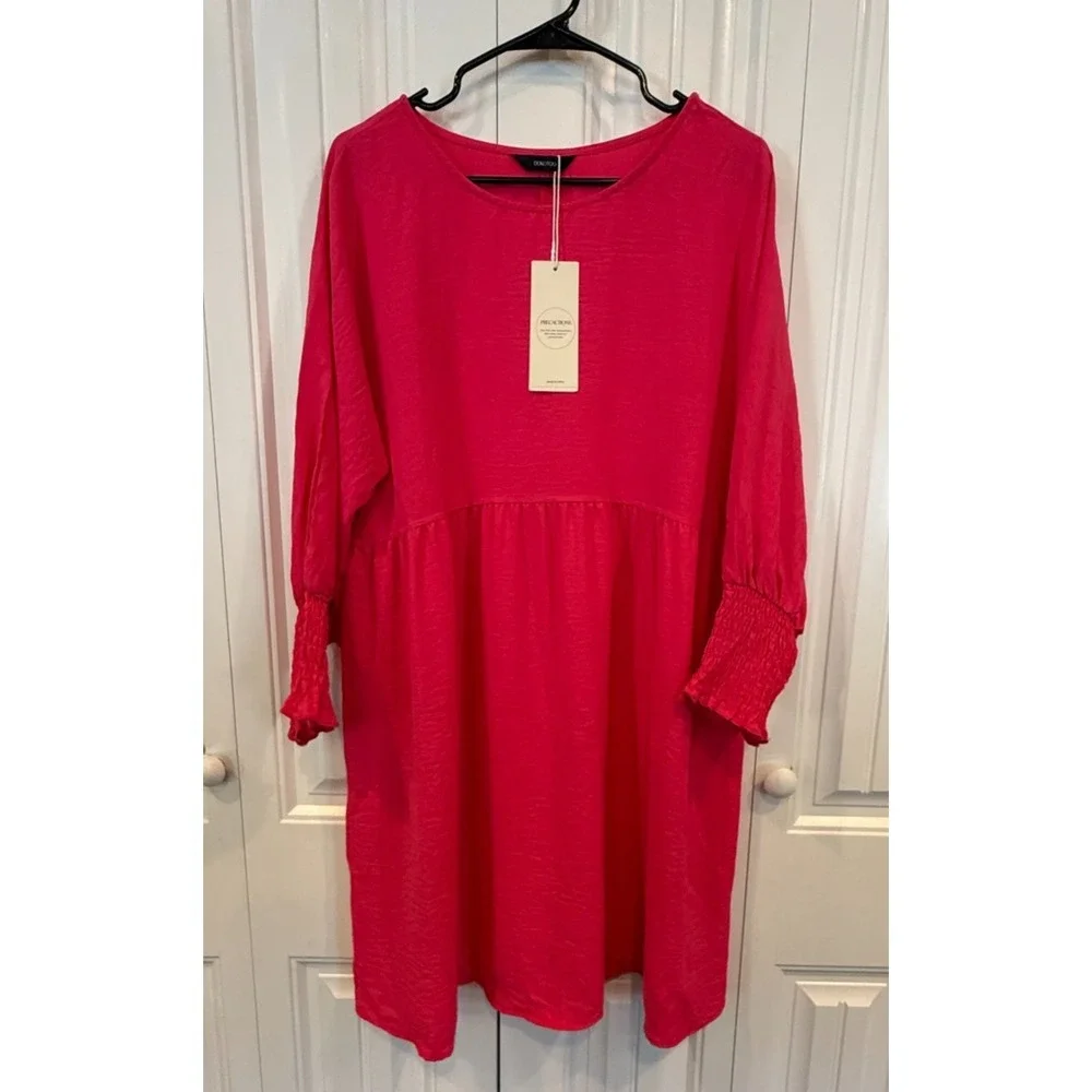 NWT Dokotoo Women's Hot Pink Babydoll Mini Dress Smocked Cuffs Boho Size Large